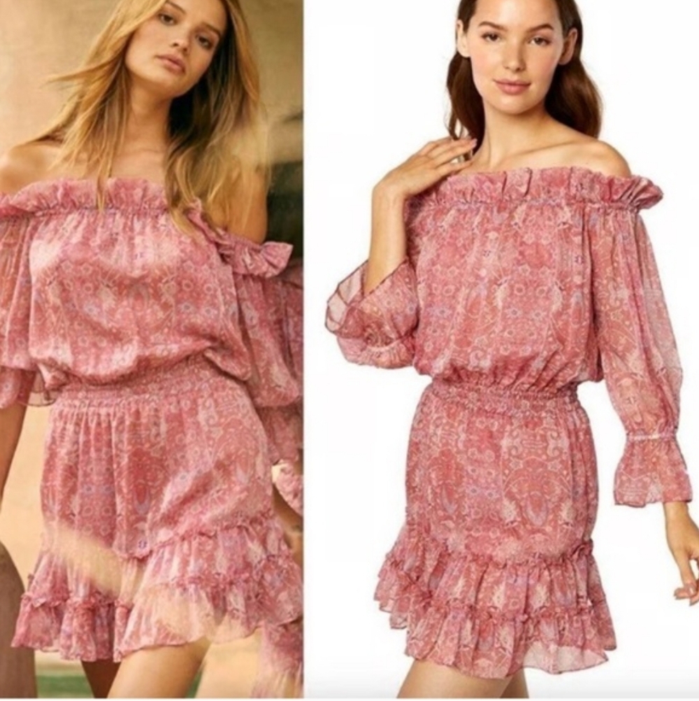 MISA LA Pink Chiffon Off Shoulder Mini Dress Smocked Floral XS NWOT